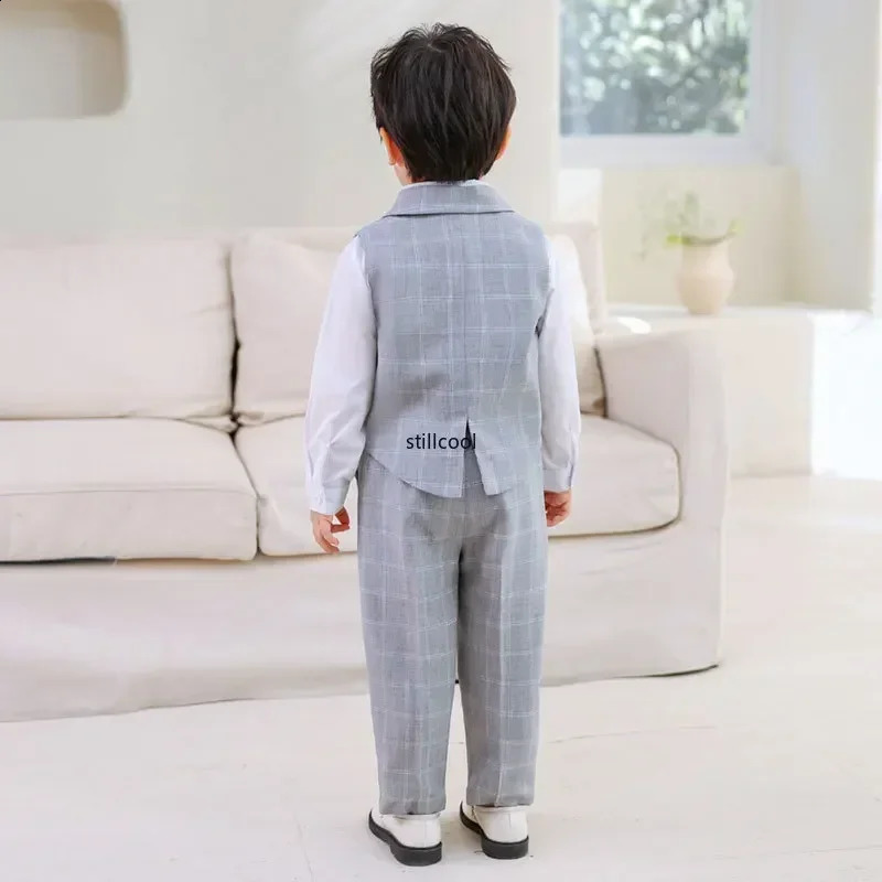 Trendy Boys Suit Set Spring British Style Formal Kids Plaid Vest Outfits Elegant School Child Birthday Pography Costume 250410