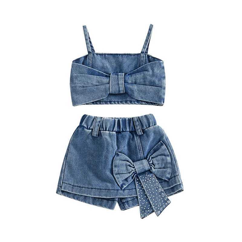 Pudcoco 6M-5T Baby Girl 2PCS Denim Clothing Set Sleeveless Crop Bow Top Shorts Culottes Fashion Summer ClothingXJ250410