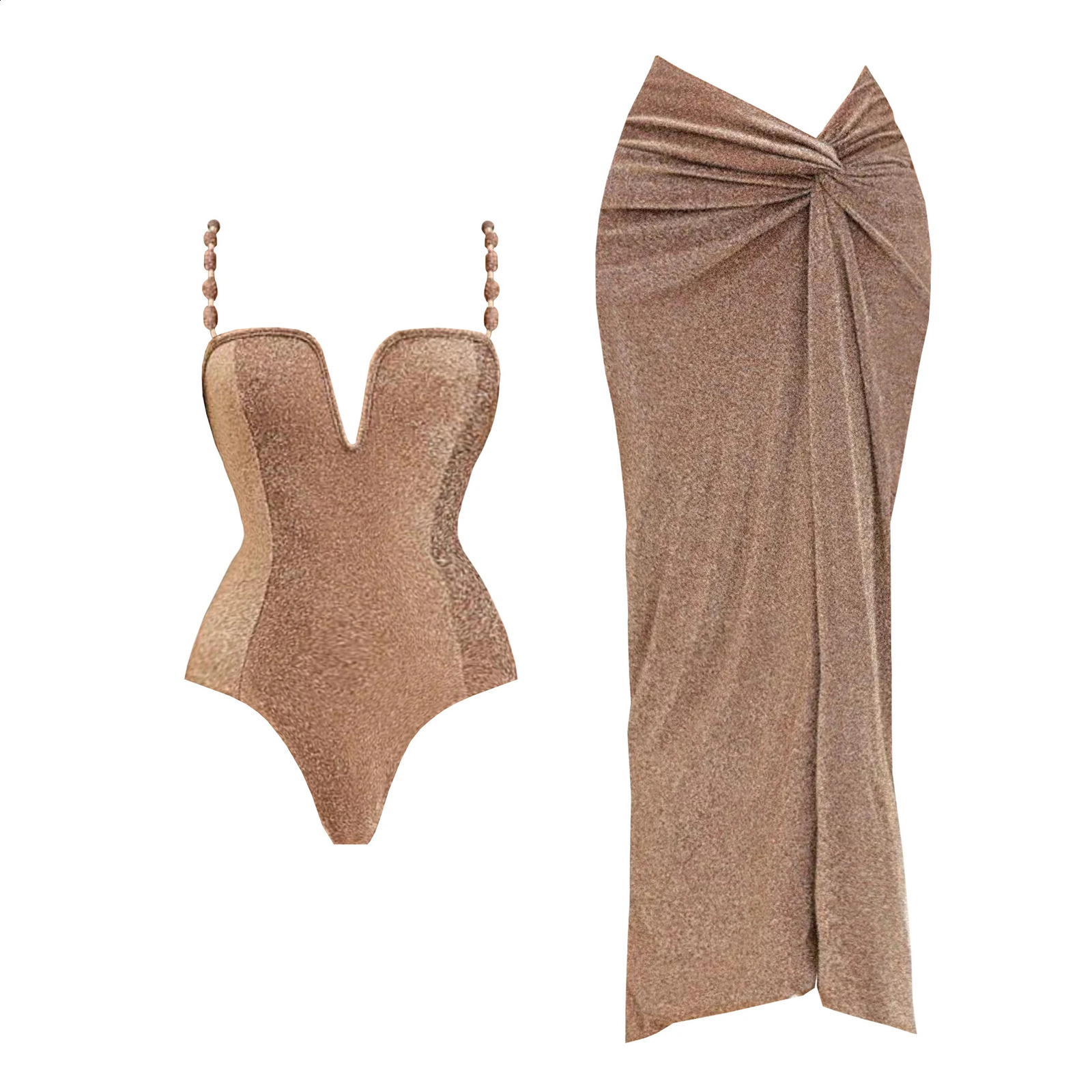 3Pcs Push Up Swimsuit With Long Skirt Sexy Women Swimwear Female Bikini V Neck Swimming Suit Shiny Bodysuit Beachwear Cover Up 250410