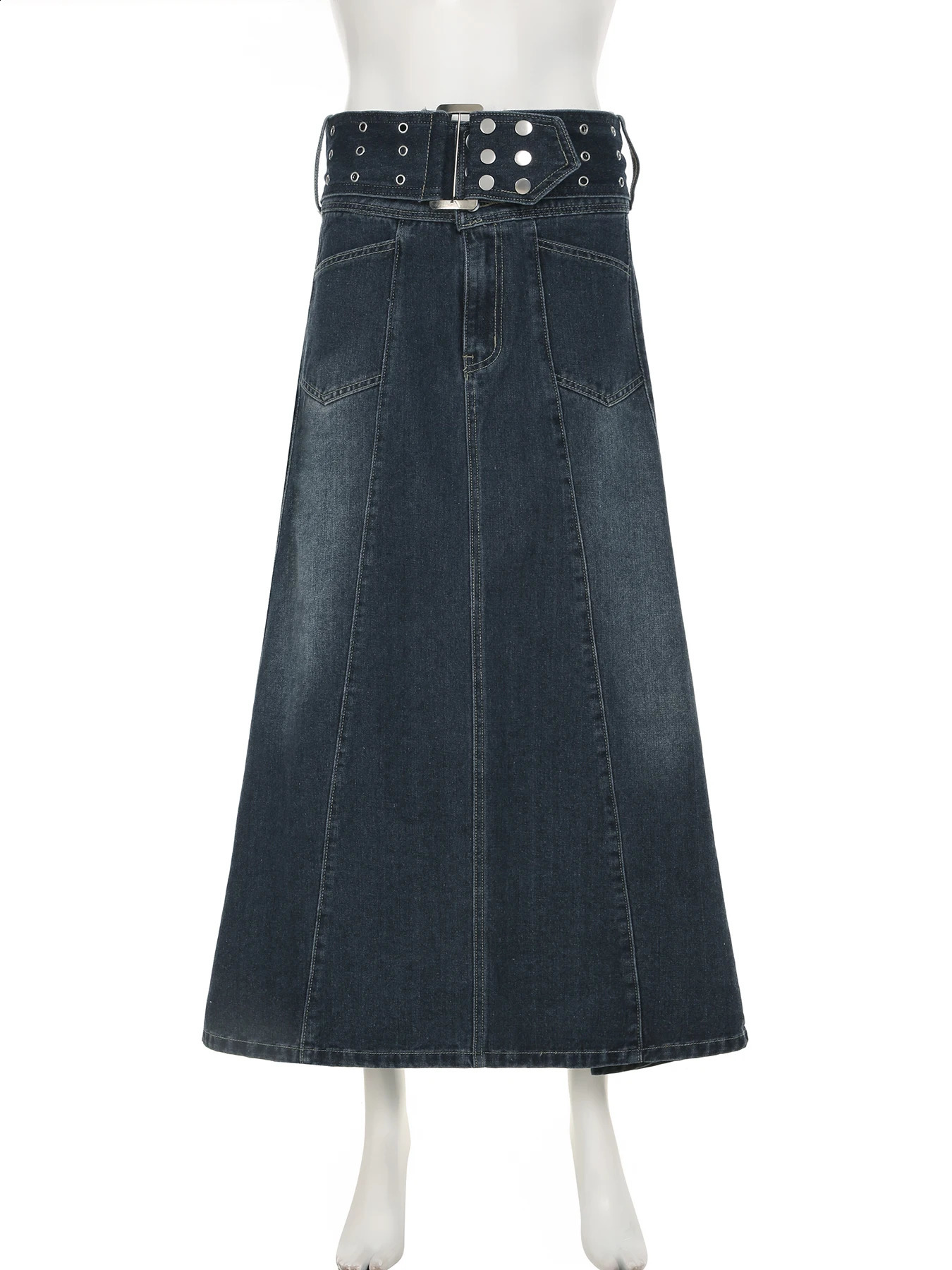 IAMSURE Basic A-Line Denim Skiing Strap Casual Slimming Pocket High Waist Long Skirt Womens Spring/Summer Womens Wear 250408