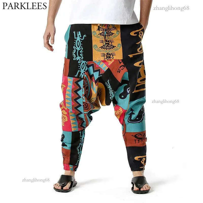 Men's Hip Hop Baggy Harem Low Crotch Pants African Pattern Print Genie Hippie Pants Cotton Casual Harajuku Joggers Sweatpants 210522