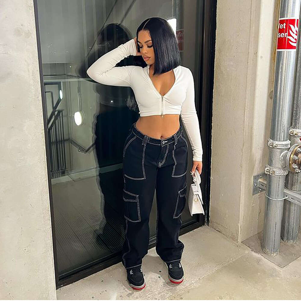 Women's Wear Women's Wear Jeans Women's Street Fashion High Waist Open Thread Straight Leg Casual Pants