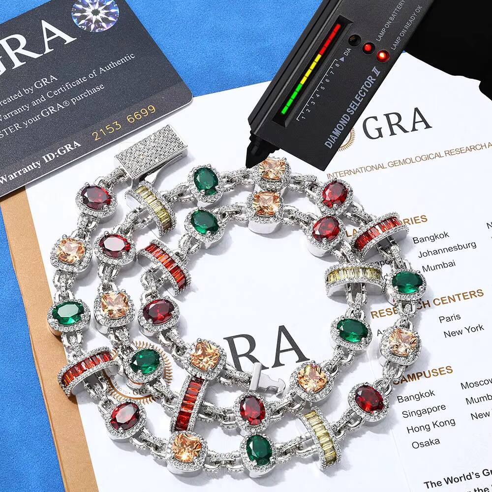 NUOYA 15mm New Arrival Hip Hop Necklace 925 Silver Platinum Geometric Chain Colorful VVS Moissanite Jewelry