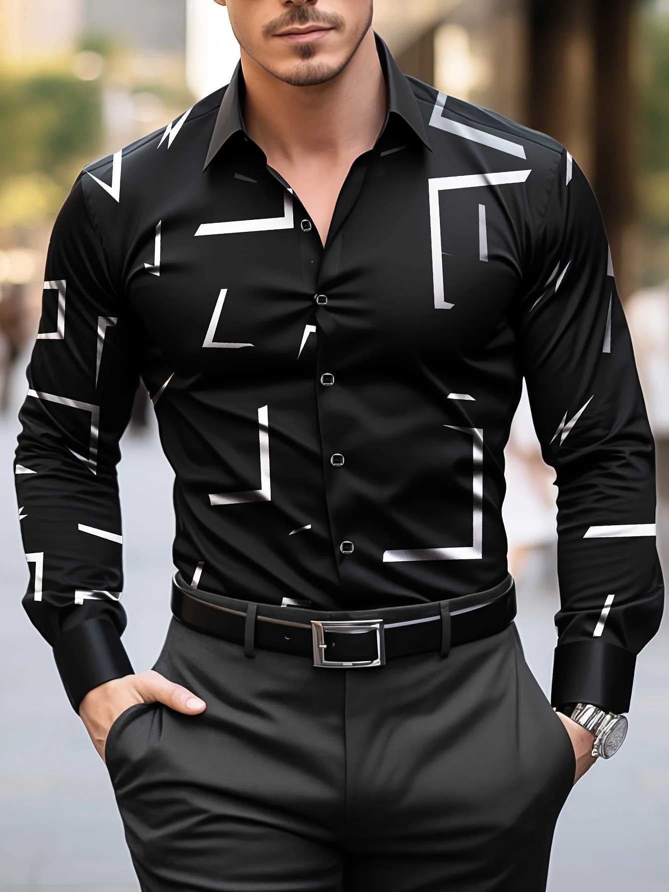Fashion MenS Casual Regular Fit Geometric Pattern Long Sleeve Solid Color Polyester Button Lapel ShirtNon-Stretch Fabric K251110