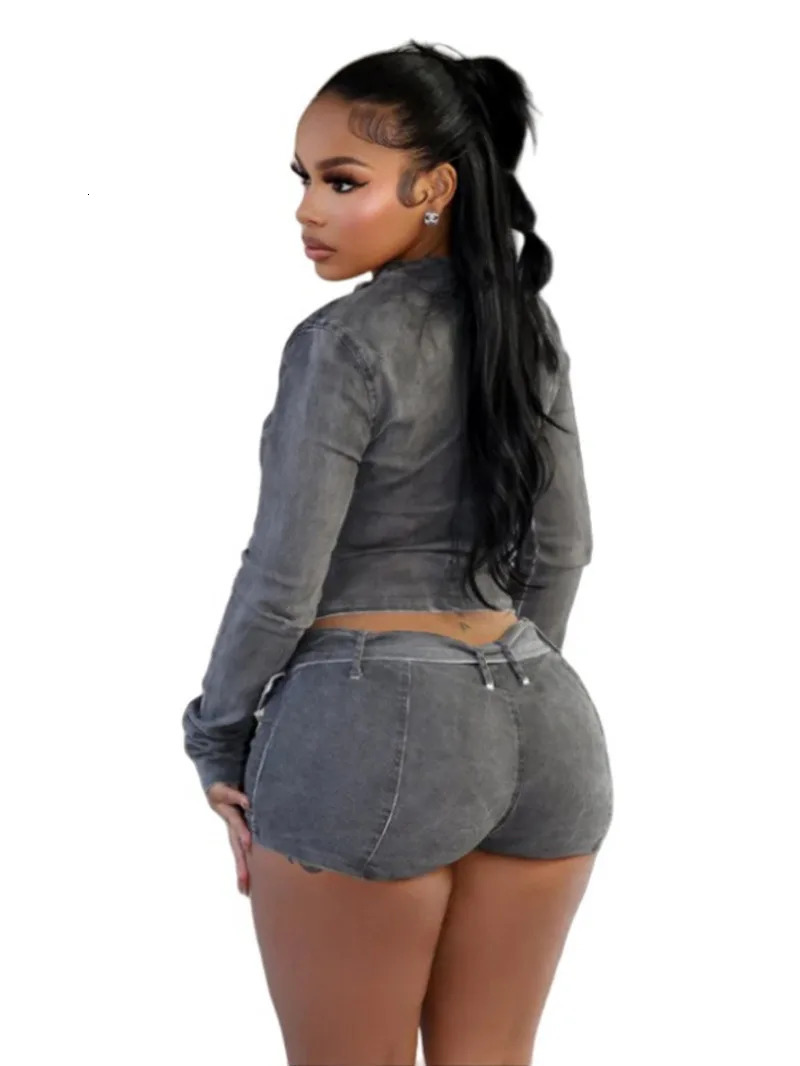 Sexy Denim Womens 2 Two Piece Set Stretchy Long Sleeve Zip Up Slim Jackets And Shorts Suits Y2k Belt Jean Outfit Sets VX9Z 251110
