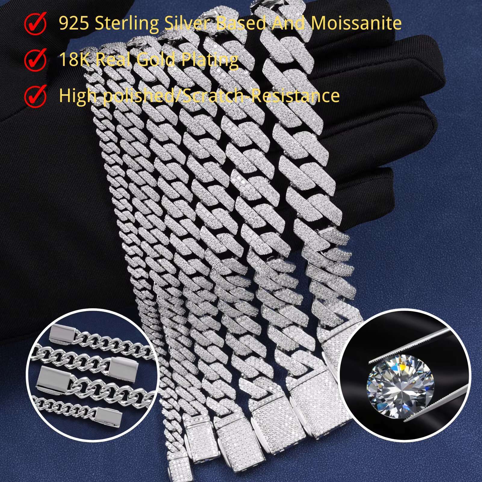 Hip Hop Fashion VVS D Moissanite Chain Iced Out 925 Sterling Silver 6mm-18mm Moissanite Cuban Bracelet Necklace Jewelry