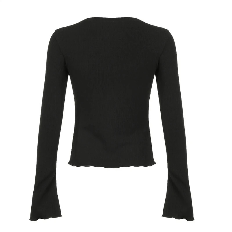 Rockmore solid pleated long sleeved Tshirt Flare sleeves Spring and Autumn womens ultrathin casual staff collar basic floral top 250407