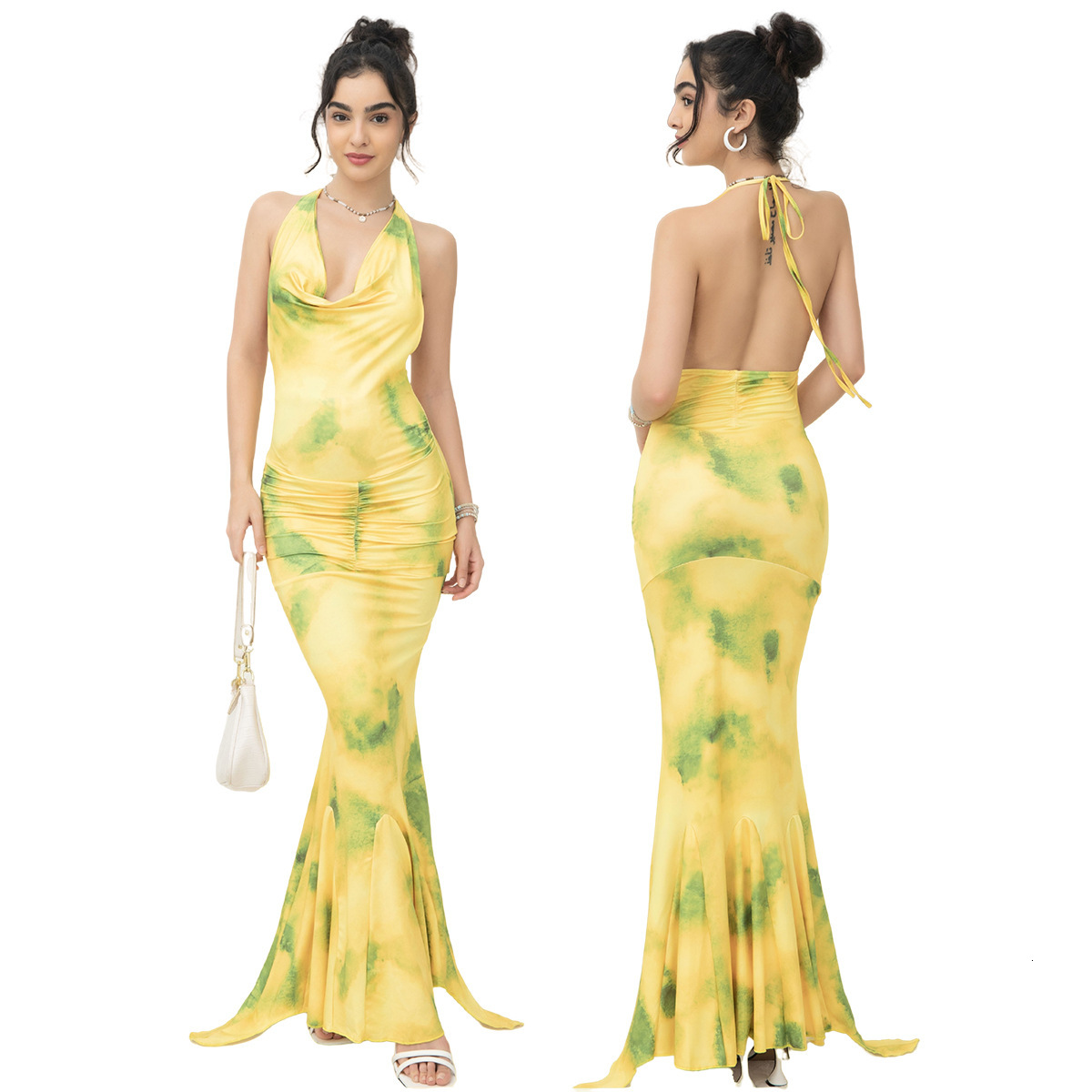 Women's new suspender French light mature style hanging neck deep V-print long dress