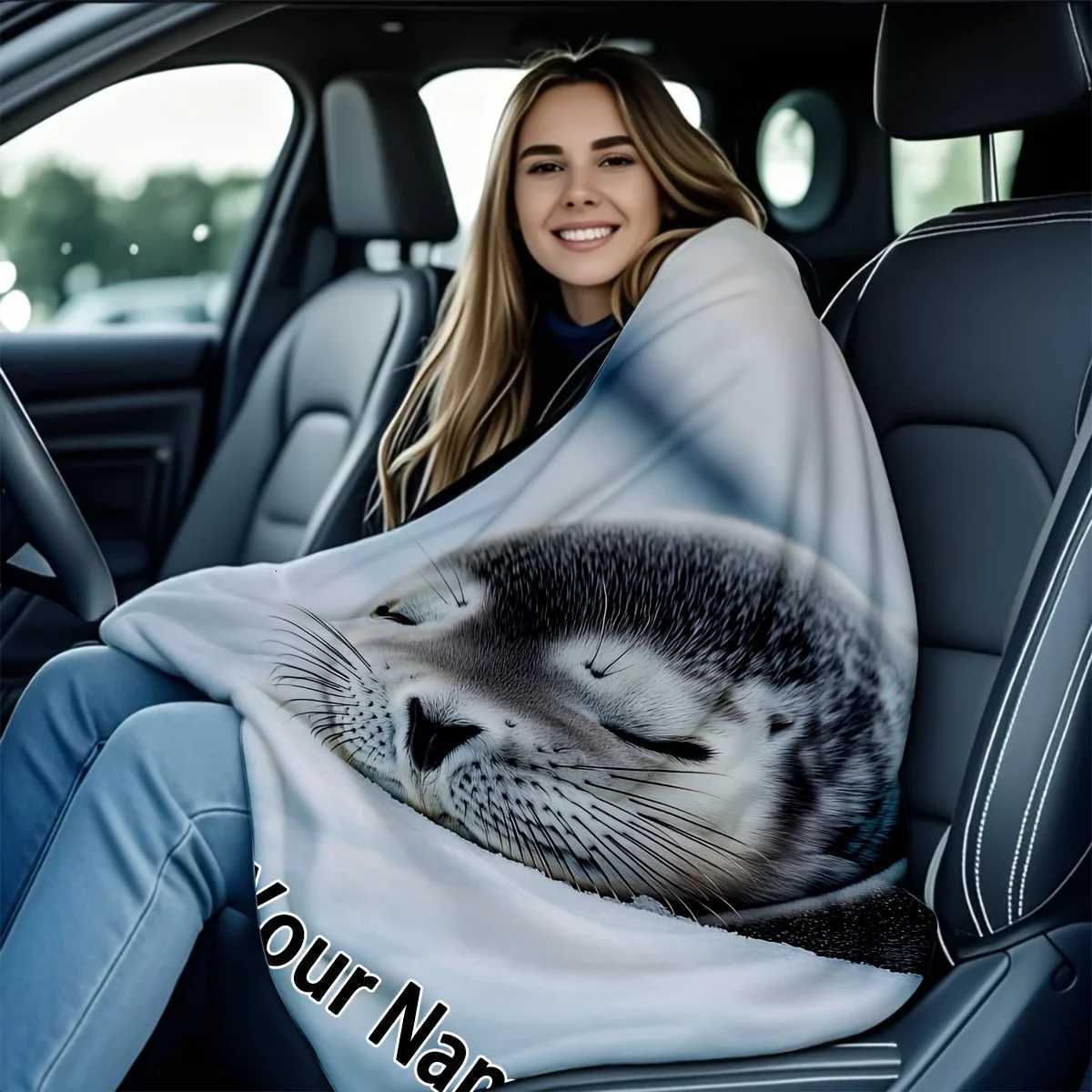 Customized 1pc blanket with seal snow pattern and flannel blanket with customizable text available in multiple C251111