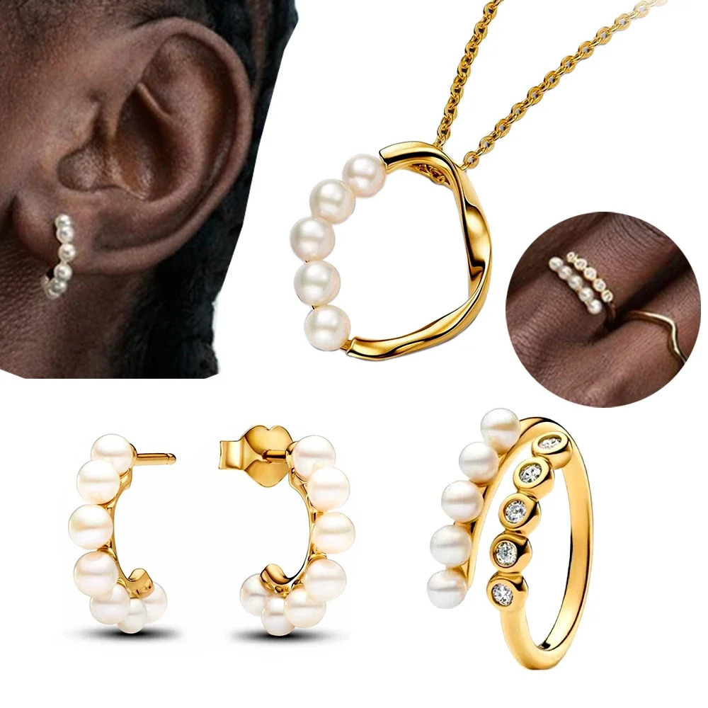 Original sterling silver 925 freshwater cultural pearl opening ring set necklace ring earring female gift 250409
