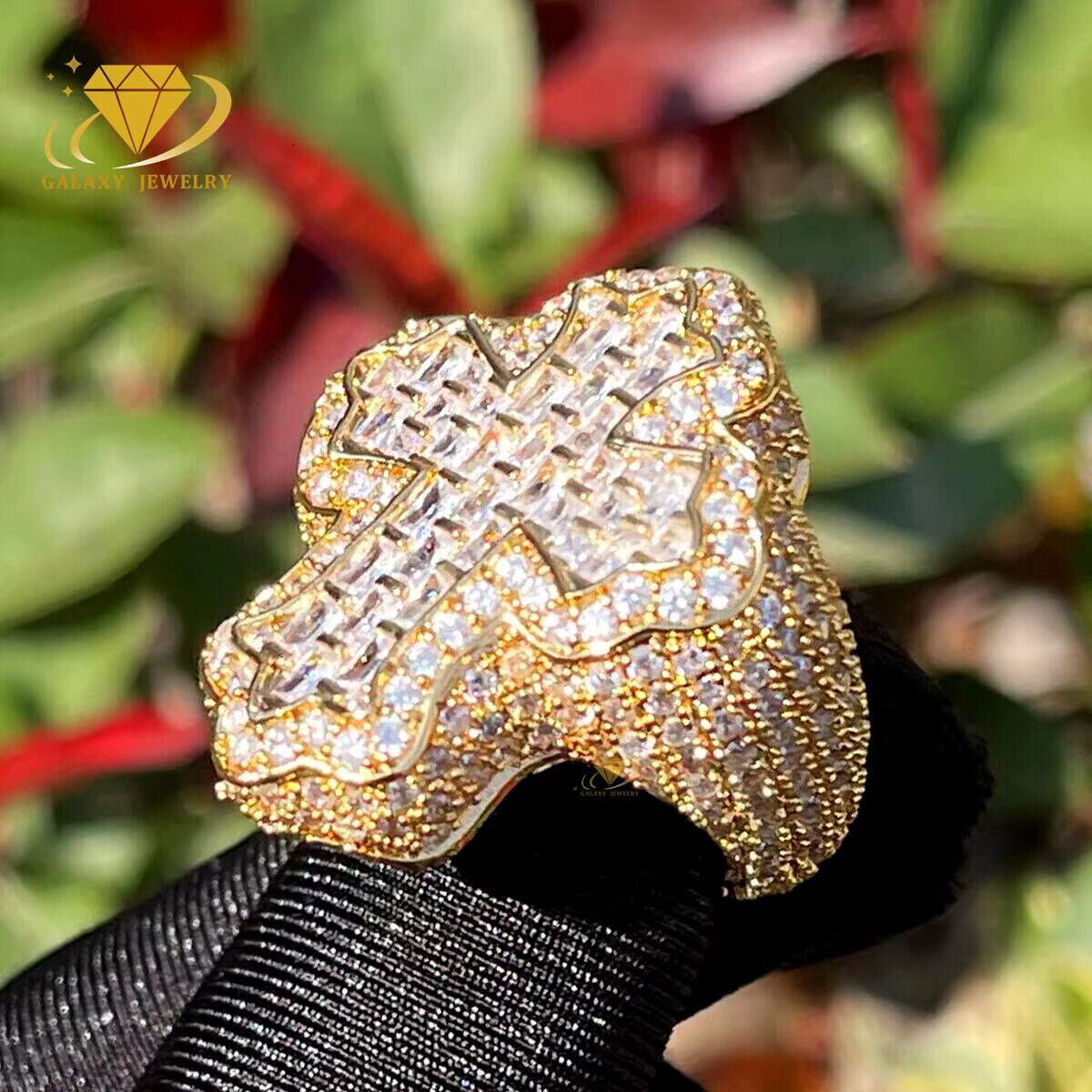 Hip Hop Moissanite Cross Ring Iced Out Baguette Diamond 925 Sterling Silver Fine Jewelry Bling Mens Vvs Moissanite Cross Rings
