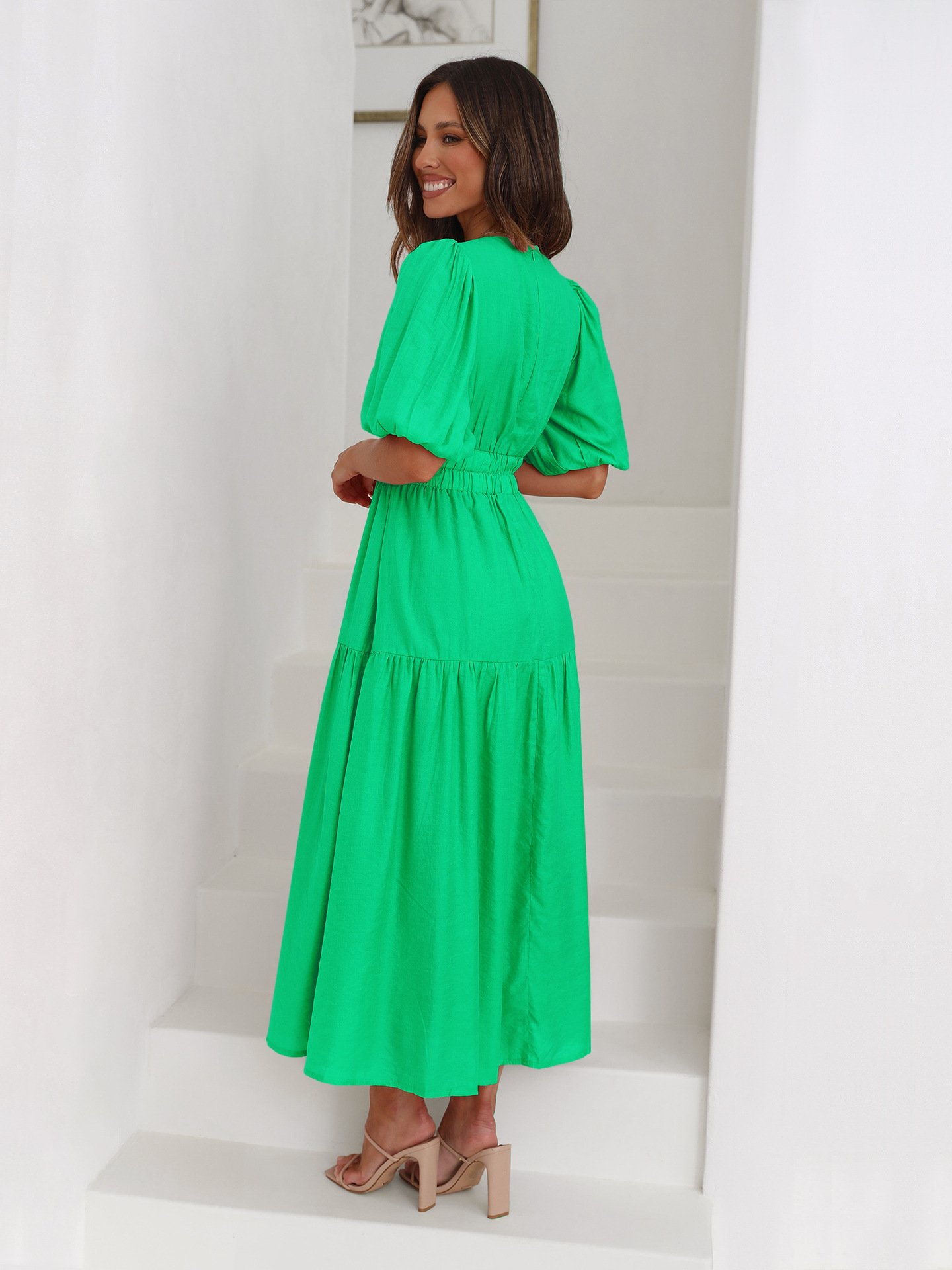 F48Elegant Deep V High-Quality Puff Sleeve Dress for Women - Perfect for Summer Holidays