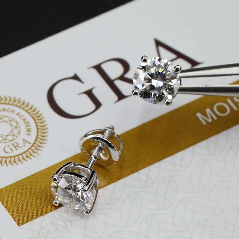Hiphop 4 Prong Round Moissanite Earrings Screw Back 0.2-10ct D Color VVS1 Moissanite Diamond Ear Studs 14k Gold Plated Pass Test
