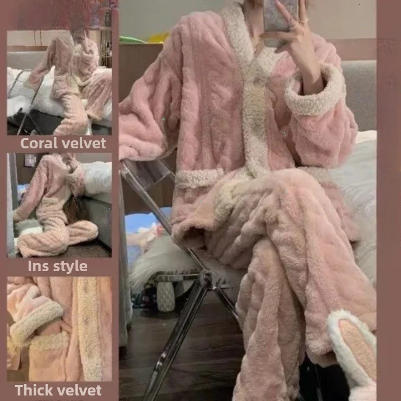 Coral Fleece Pajamas Women Autumn and Winter Thickened Fleece-lined Graceful Couple Online Celebri Home Wear Set 251106