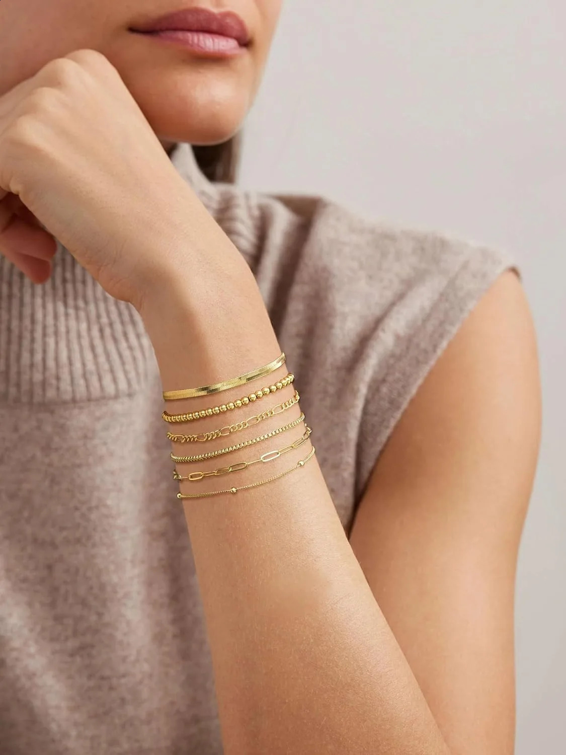 Womens Waterproof Gold Bracelet 14K Plated Jewelry Set Fashion ThinPaint Stackable Cuban Link Paper Clip Chain 250410