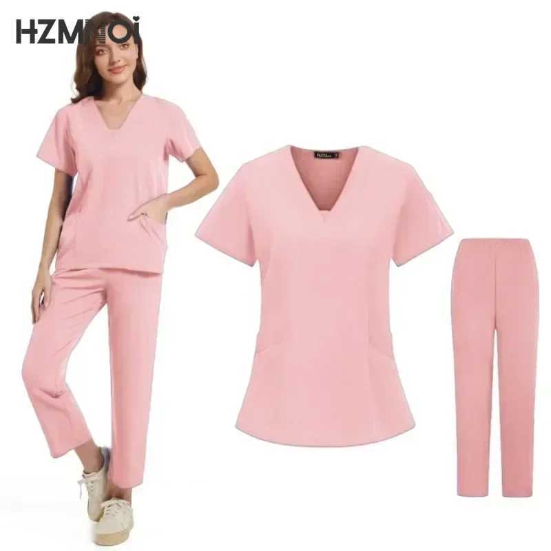 New Scrubs Nurse Uniforms Short Slve V-neck Top+Straight Pants Women Multicolor Nursing Scrubs Set Pet Doctor Medical Workwear X250410