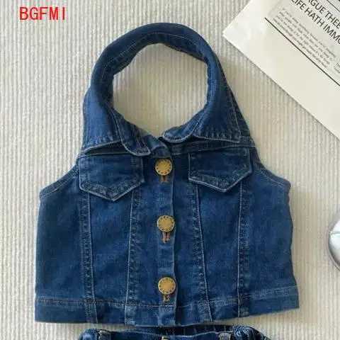 2-11Y Girl Summer Clothing Cute Denim Set New Sleeveless Top Fashion Ruffle Edge Childrens Girls Shorts 2-piece SetXJ250410
