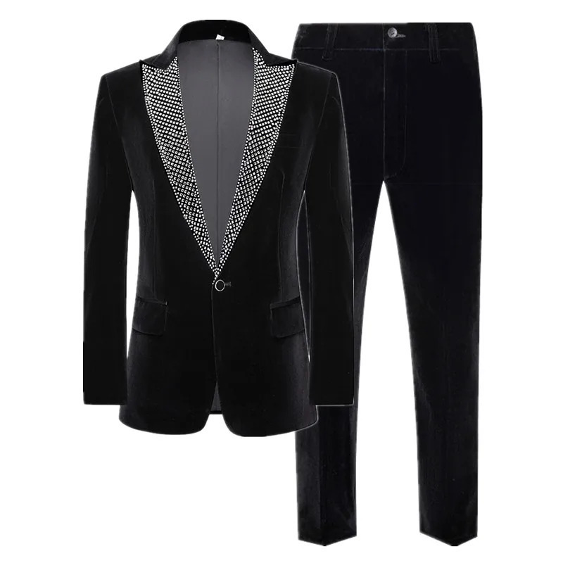 Men High Quality Wedding Banquet Sequin Suit 2 Piece Set Black Blue Fashion Men Gold Velvet Blazer and Trouser 251107