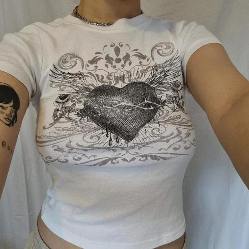 Maemukilabe 00s Retro Y2K Kawaii Baby Tees Graphic Aesthetic Clothes Summer Short Sleeve Crop Tops Women Fairy Grunge T-shirt 250411