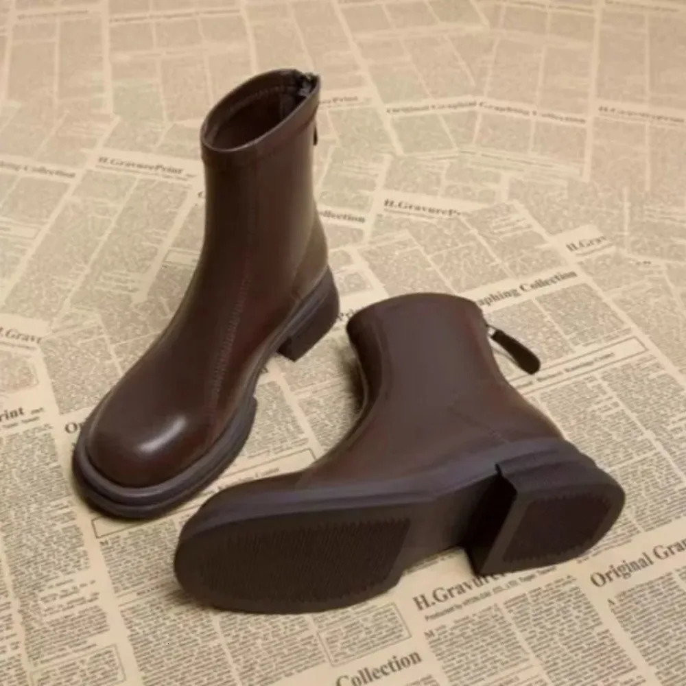 Ladies Shoes Concise Modern Womens Boots Classics Ankle Boots Women Round Toe Med Heel Back Zip Sewing Outdoor Shoes Women 251110