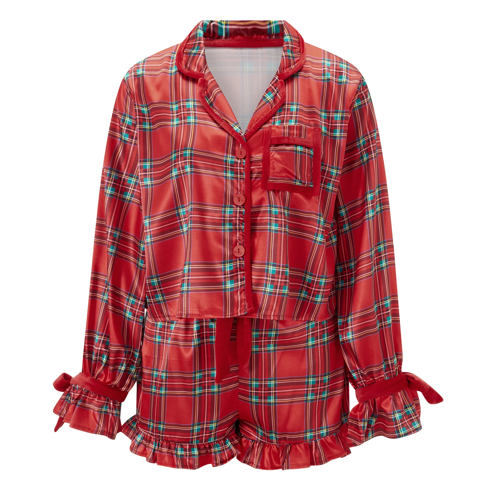 Women 2 Piece Christmas Pajamas Cute Bow Tie Long Sleeve Santa Claus Shirts Ruffles Boxer Shorts Satin Silk Xmas Pjs Sets 251106