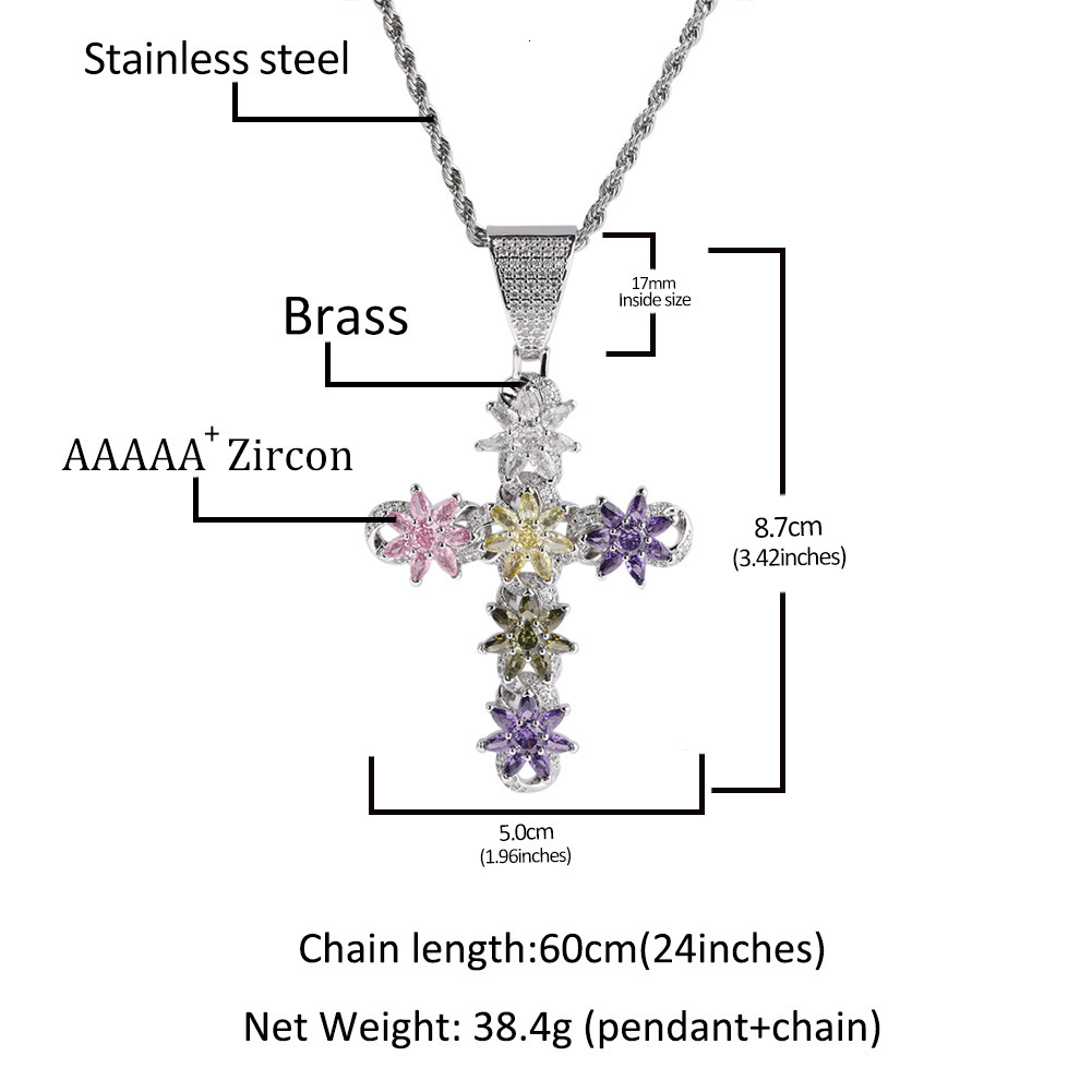 Ins style new colorful ice flower cross pendant fashionable and creative 925 silver VVS Moissanite chain pendant hip-hop sweater chain