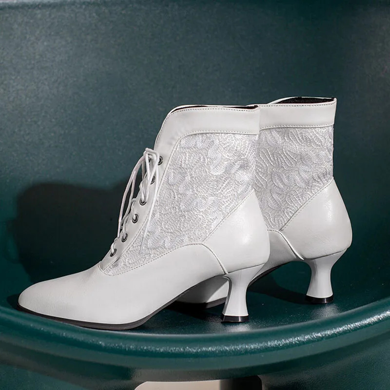 Lace-up Women Ankle Boots Middle Heels Custom Lace Pointed Toe Autumn Winter Women Shoes Black Red White Short Booties WSH4927 251110