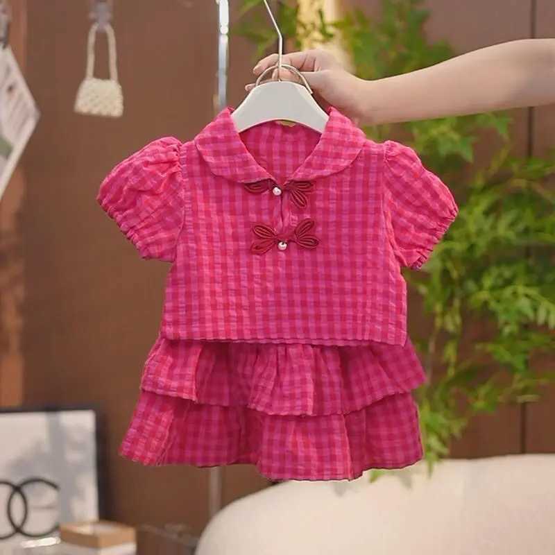 Baby girl set summer girl skiing set childrens top+skiing 2pic childrens red checkered cute set 1-9 years old fashionable clothing for teenagersXJ2504