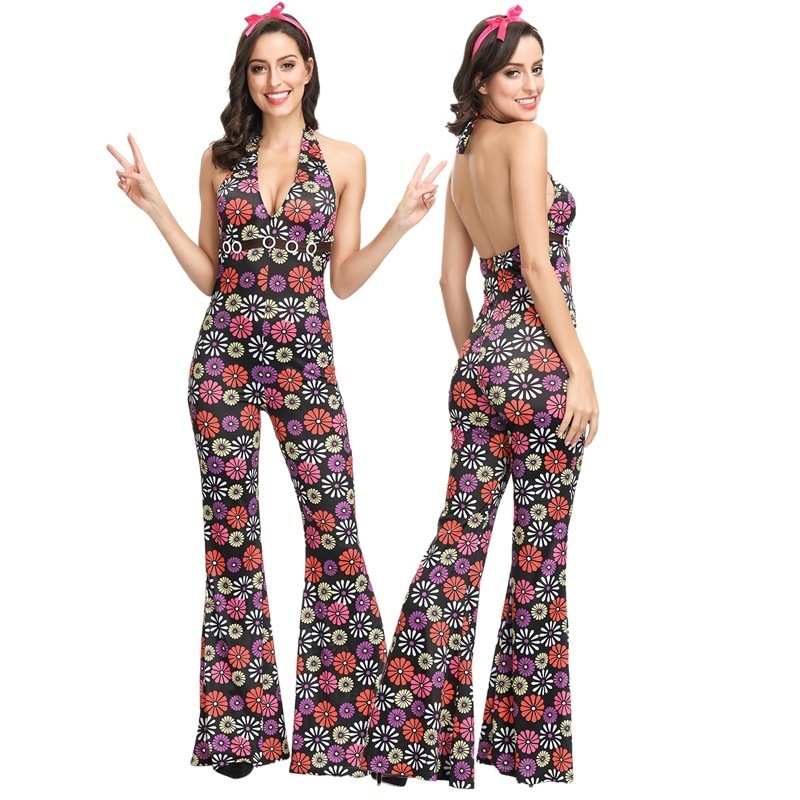 Womens retro 70S disco metal shiny jumpsuit with lace up flame sleeves hippie bell bottom hoodie jazz dance performance costume 240824