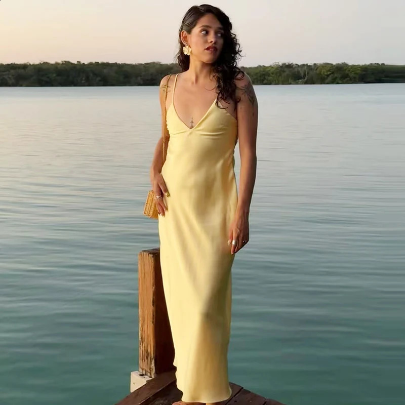 TRAF Yellow Dress Summer Dress For Women Satin Backless V Neck Midi Dresses Elegant Evening Party Dress 2025 Holiday Strap Dress 250410