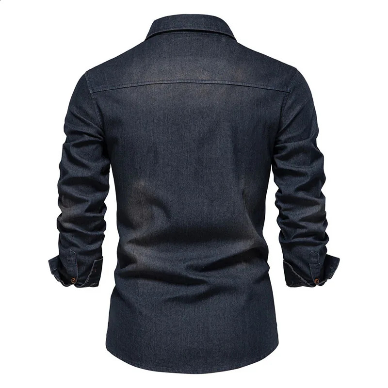 Mens highquality cotton denim shirt autumn mens solid color button casual slim fit jeans clothing 250411e