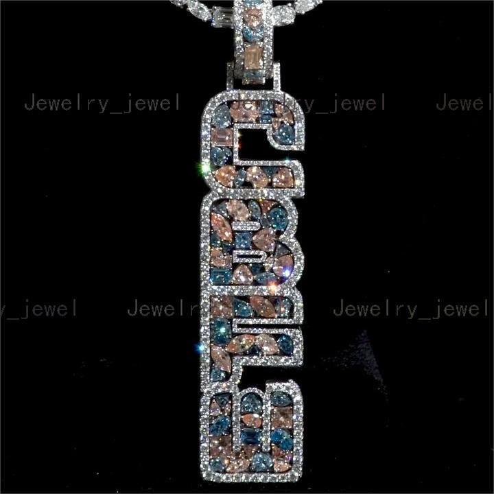 Factory wholesale Custom Pendant 925 Sterling Silver Colorful Vertical Iced Out Pendant Hiphop Moissanite Letter Pendant