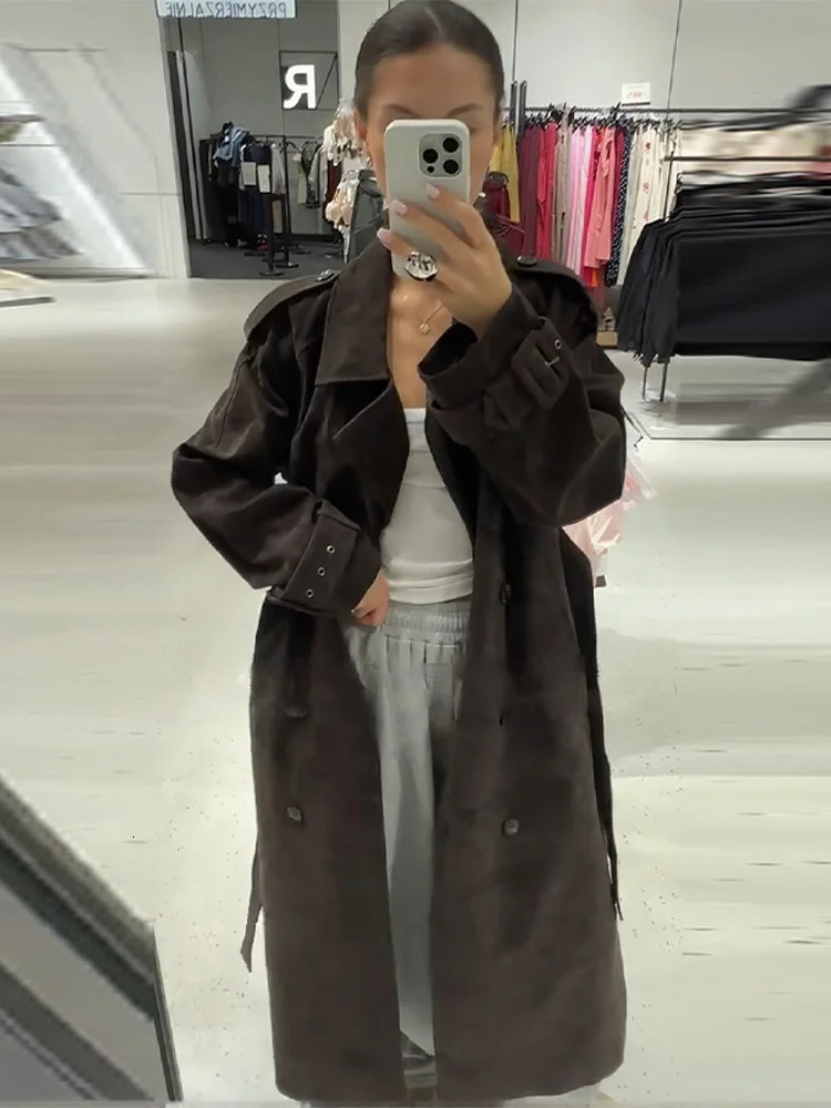 Suede Vintage Belts Long Jacket Women Double Breasted Loose Turn-down Collar Long Sleeve Autumn Coat Street Female Outwear 251106
