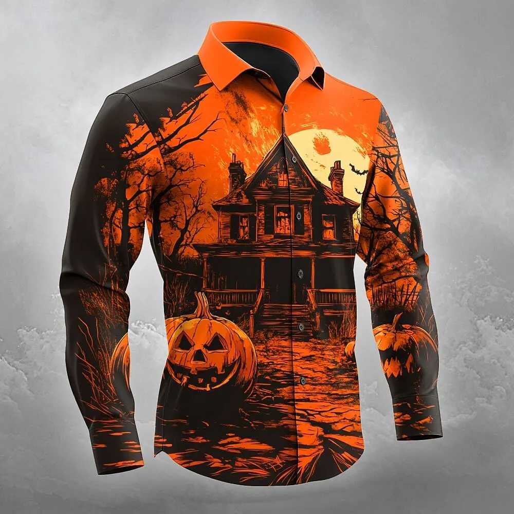 2025 Fall Winter Mens Pumpkin Haunted House Halloween Costumes Shirt Button Up Shirt Long Sleeve Shirts Gothic Style Tops K251110
