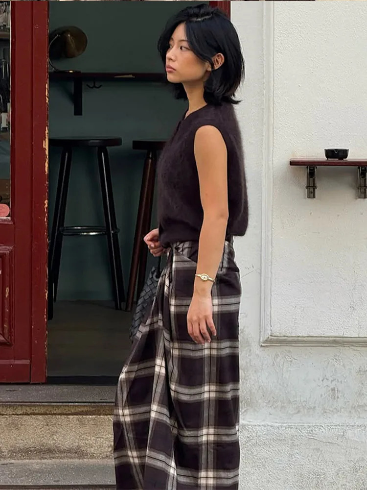 Women Checked Midi Skirt Fashion Casual Pleated Irregular High Waist Slim Mid-length Bottom Lady Daily Commute Street Skirts 251105