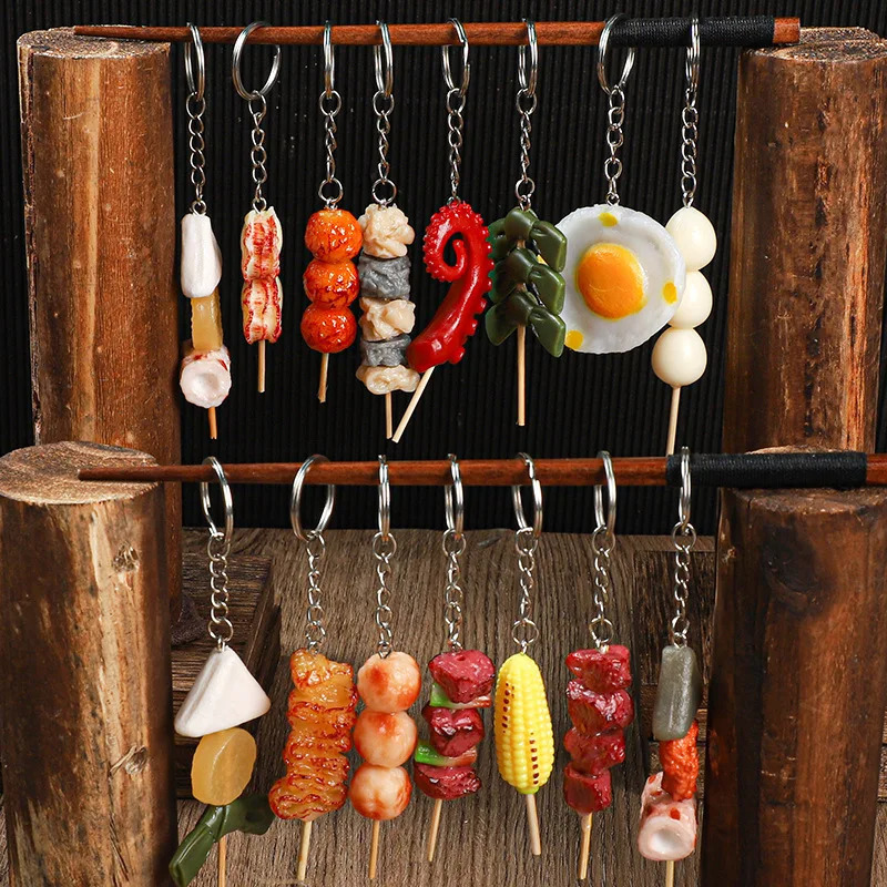 Creative Simulation BBQ Skewers Keychains Funny Resin Oden Squid Corn Gluten Keyring Pendant Cute DIY Ornament Accessories Gift 251110