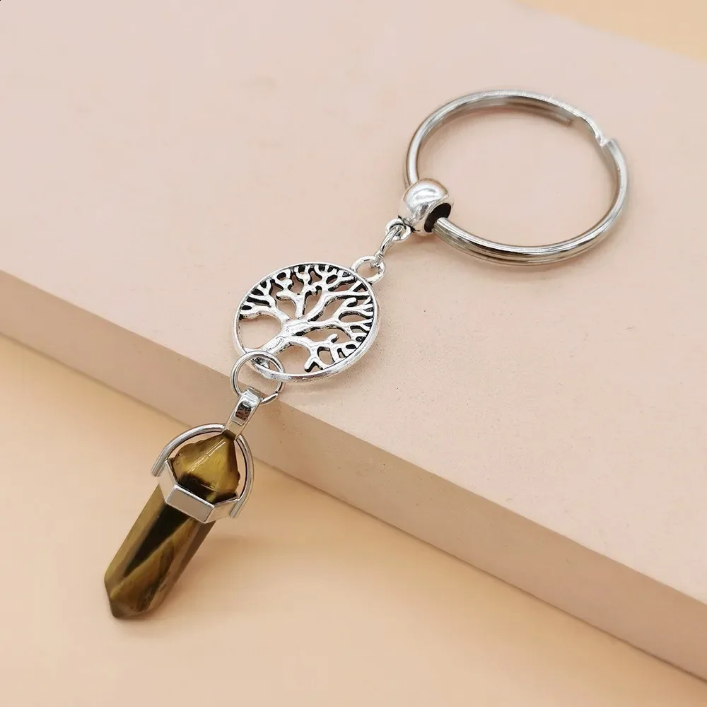 10 pieces of colorful natural stone keychains hexagonal prism life tree keychains womens handbags car keyholders keychains jewelry 250409