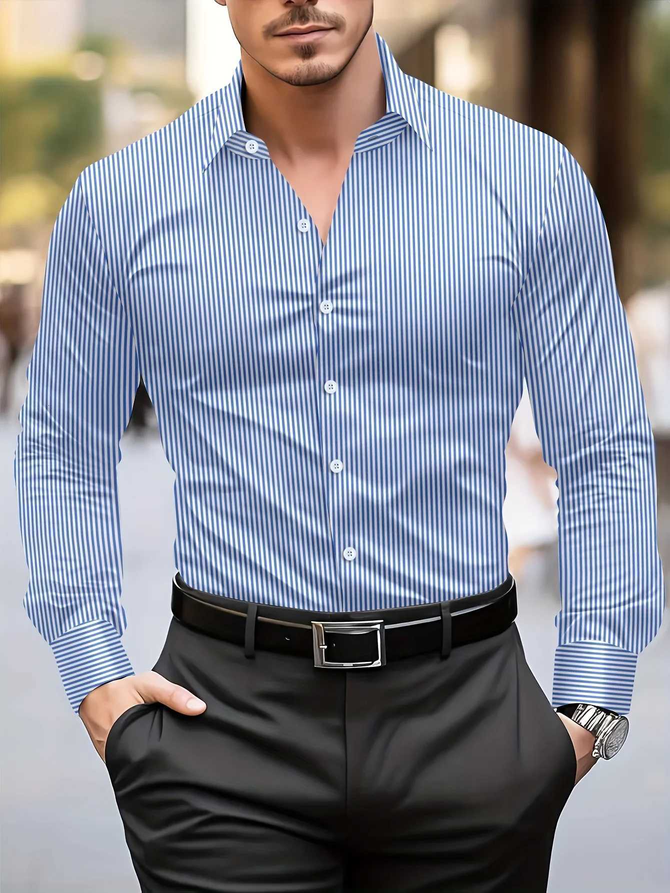 MenS Casual Regular Fit Long Sleeve Solid Color Polyester Button Lapel Shirt 6 ColorsWoven Non-Stretch Fabric for Spring K251110