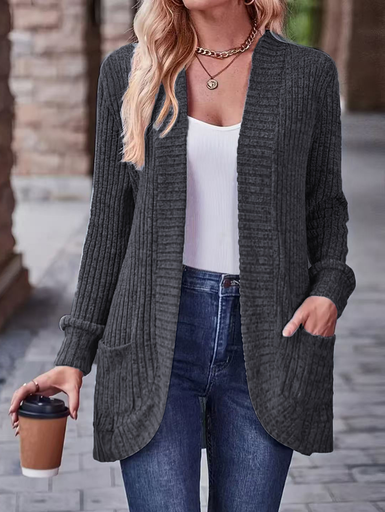 Women's Ribbed Knit Cardigan, Casual Fashion Open-Front Sweater Jacket, Long Sleeve with Pockets, Loose Fit for Daily Wear & Layering Outfits-T4