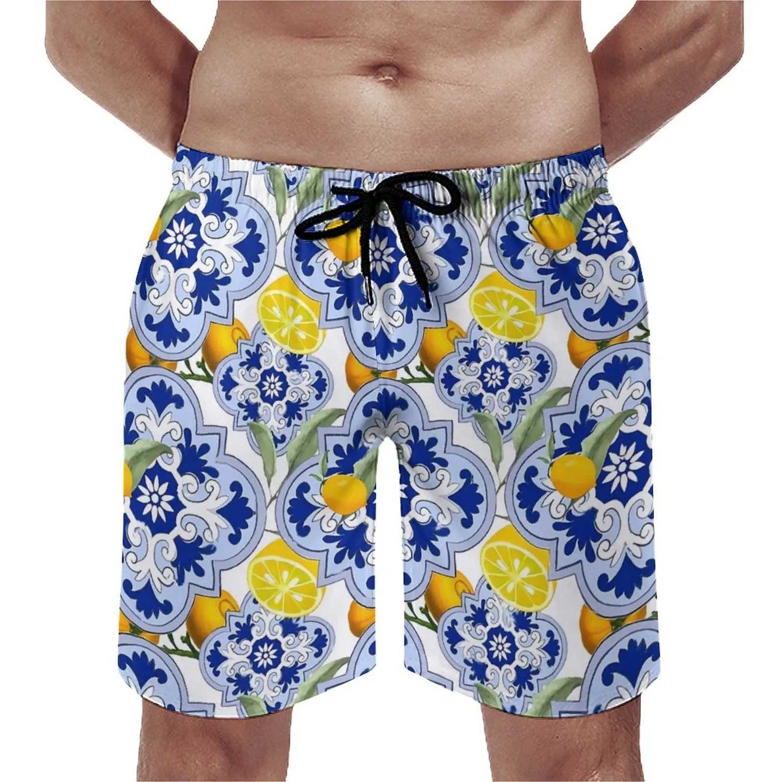 Gym shorts retro blue flower retro swimming dried lemon fruit print mens quick dry running hot selling plus size beach shortsW250410