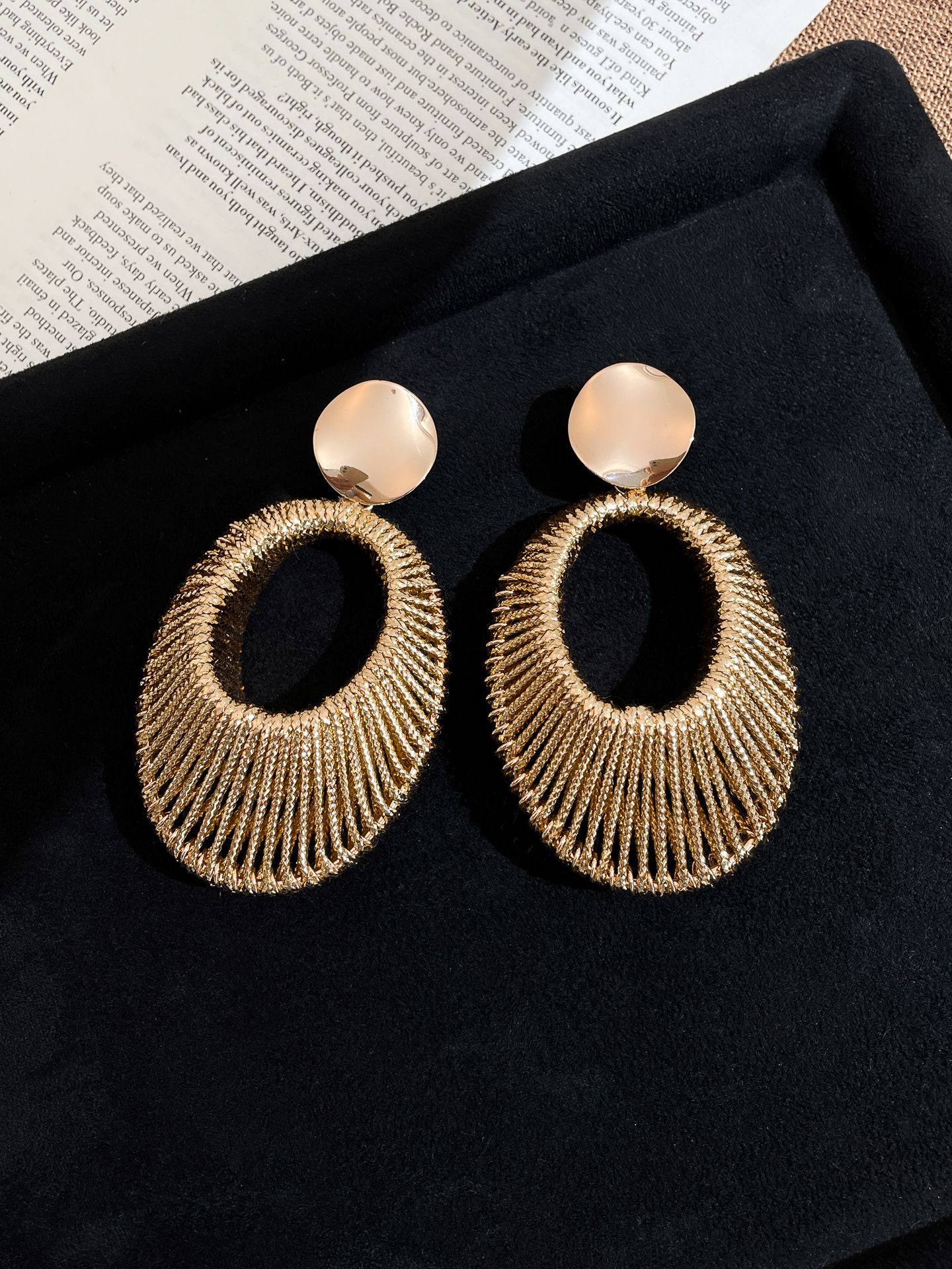Silver Needle Velvet Woven Hollow Oval Pendant European and American Style Unique Niche Design Earrings for Women - view 8