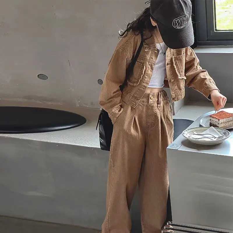 Childrens clothing set denim jacket and wide leg pants 2-piece set childrens clothing girl clothing set childrens boutique clothingXJ250410