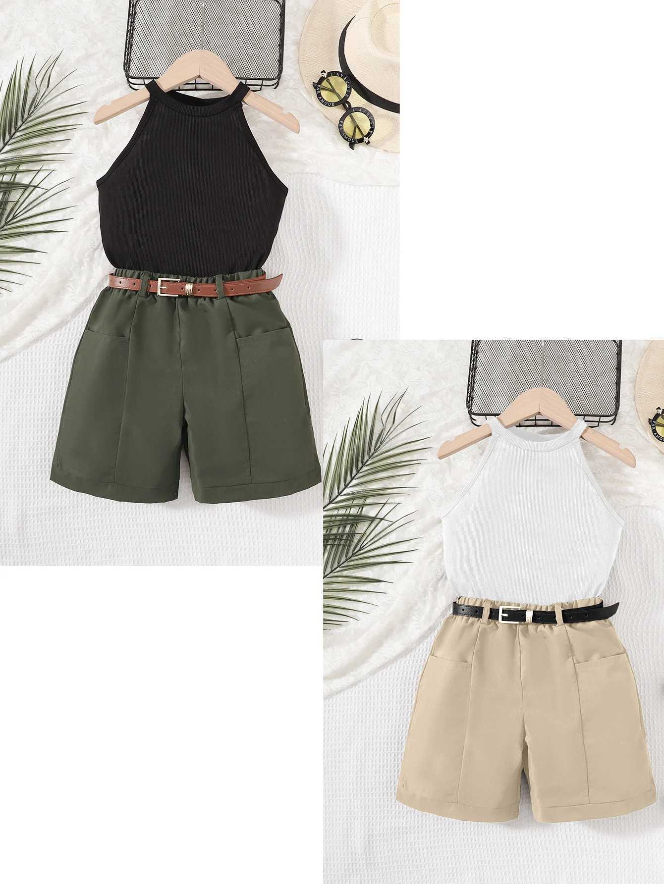 2Pcs girls camisole collar sleeveless top and waistband shorts set summer streetwear Par with pockets slight stretch and pullXJ250410