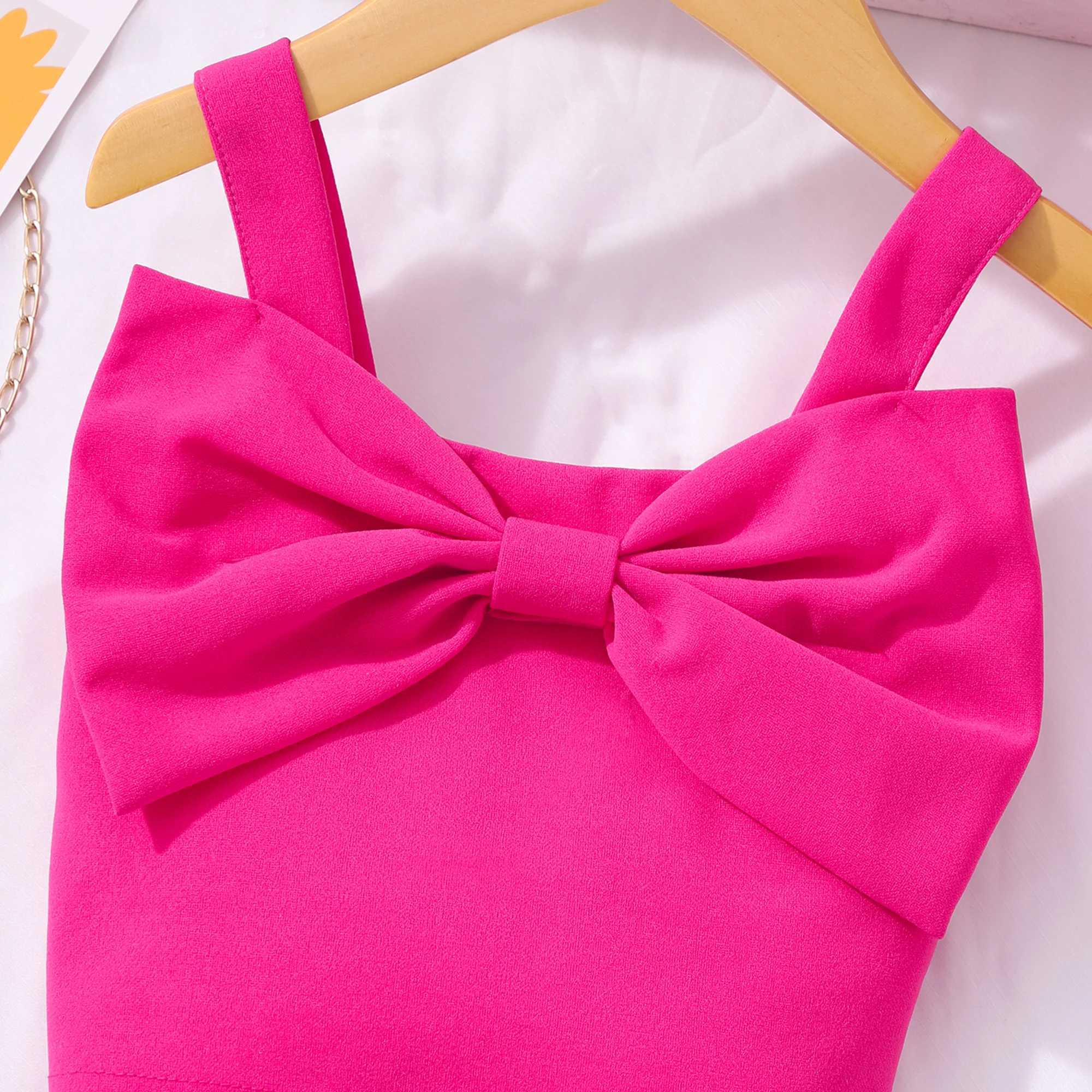Rose Red Childrens Clothing Set Summer Bow Vest+Shorts 2PCS Cute Fashion Casual Preschool Girl Set 2 3 4 5 6 7 YrsXJ250410