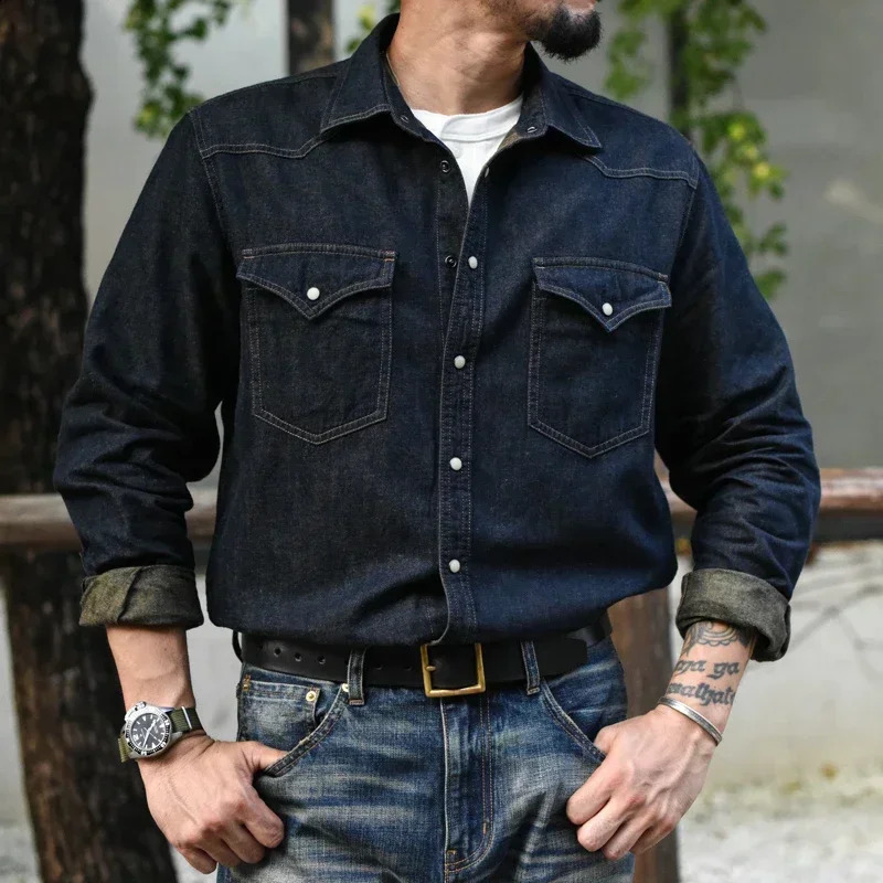 Sauce Jarman shirt jeans retro cotton linen western denim long sleeved double pocket 250411e