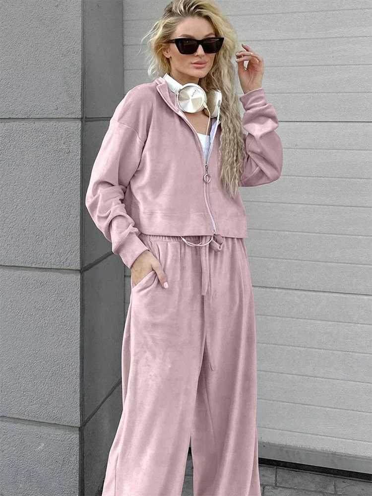 Trendix Velvet Pants 2PCS Set Womens Zipper Long Sleeve Fashion Coat Loose High Waist Lace Top Pants Set Womens SetW250411