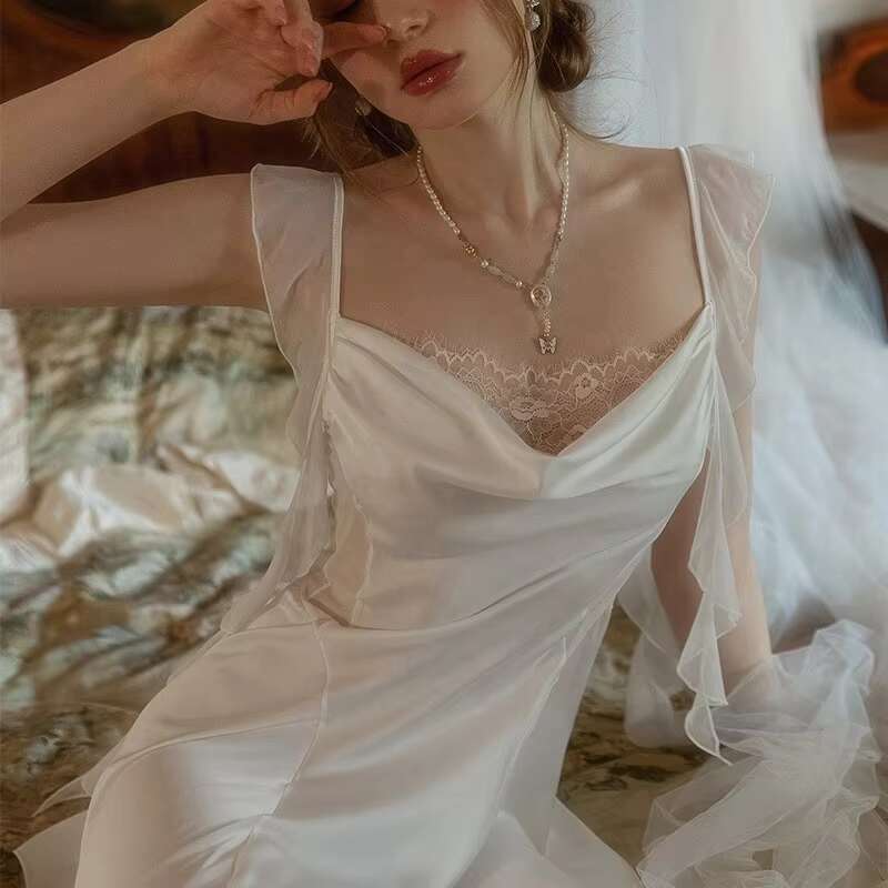 Women's Sexy Ice Silk Home Dress New French Swing Neck Pama Set Pure Desire Temptation For Ladies & Girls