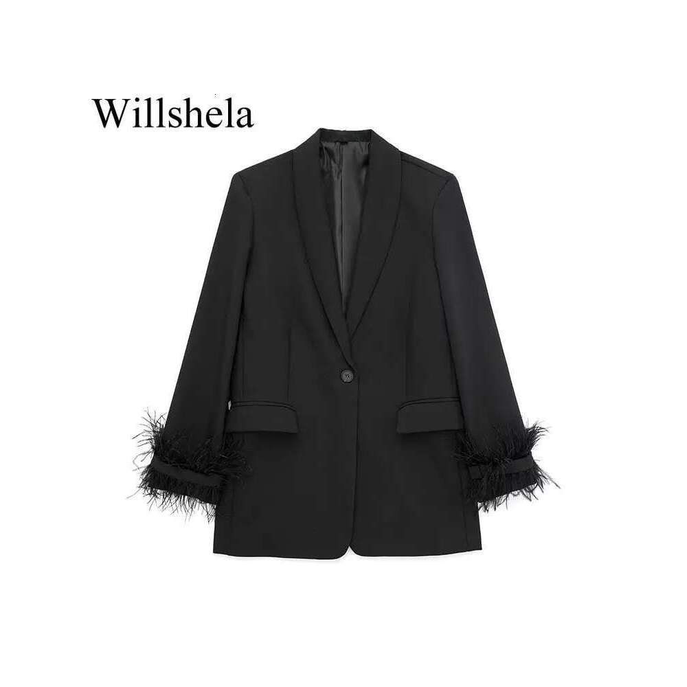 Willshela Women Fashion Satin Black With Feather Blazer Jacket Vintage Notched Neck Single Button Long Sleeves Female Outfits
