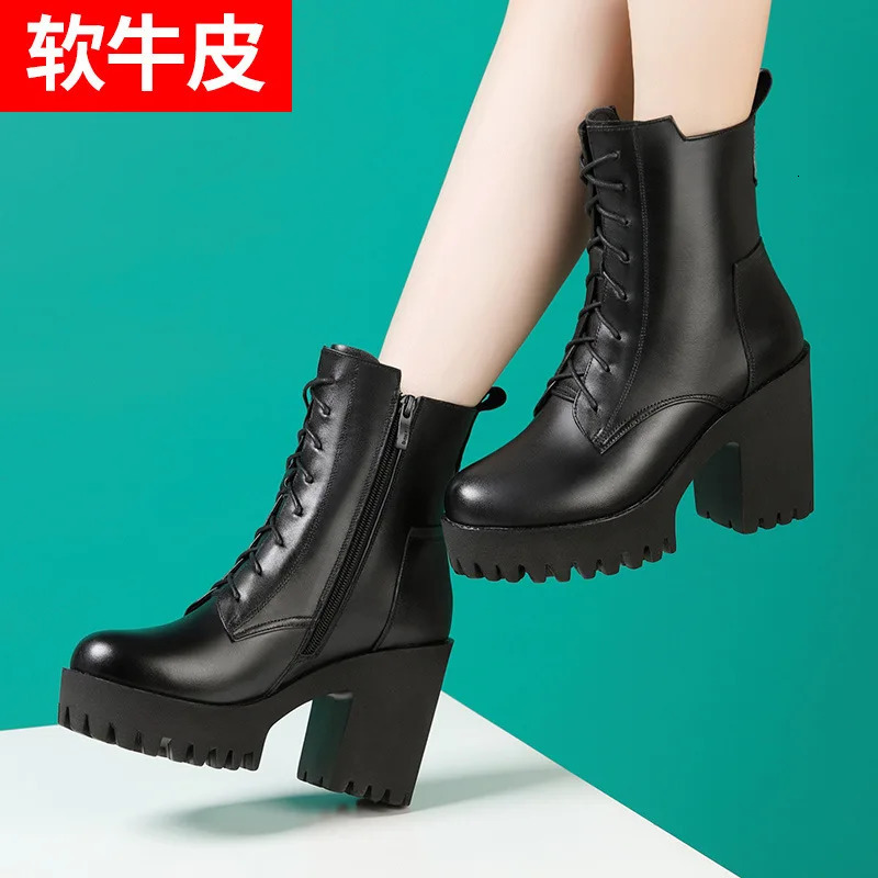 Ladies Genuine Leather Thick High Heels Shoes For Fashion British Style Platform Sports Boots WomenS Autumn Wedge Winter Boots 251110