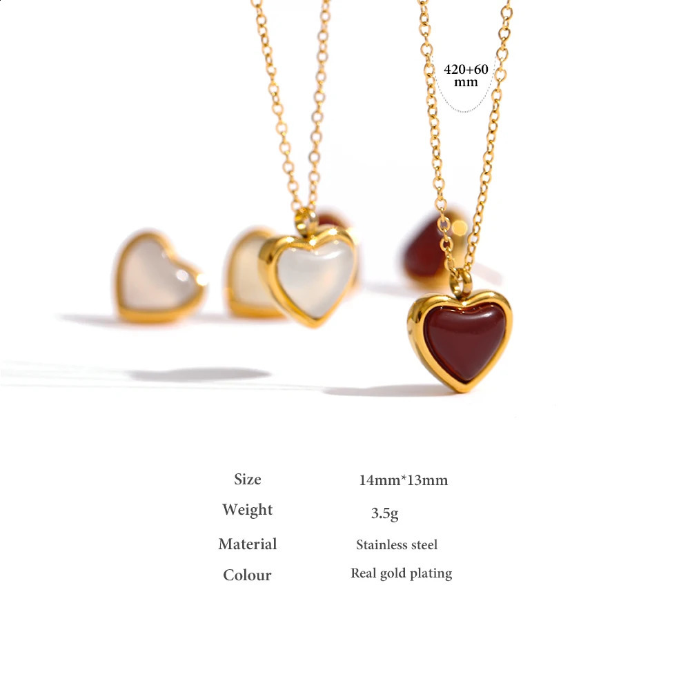 Yhpup Stainless Steel Heart Pendant Necklace Chain Jewelry Temperature Natural Stone Agate Necklace Womens Necklace 250409